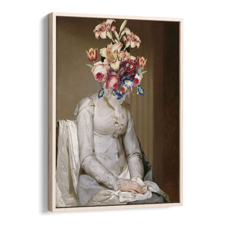 "MEET ME IN THE GARDEN, ALTERED ART PRINTS in elegant oak floater frame, enhancing your space with artistic charm."