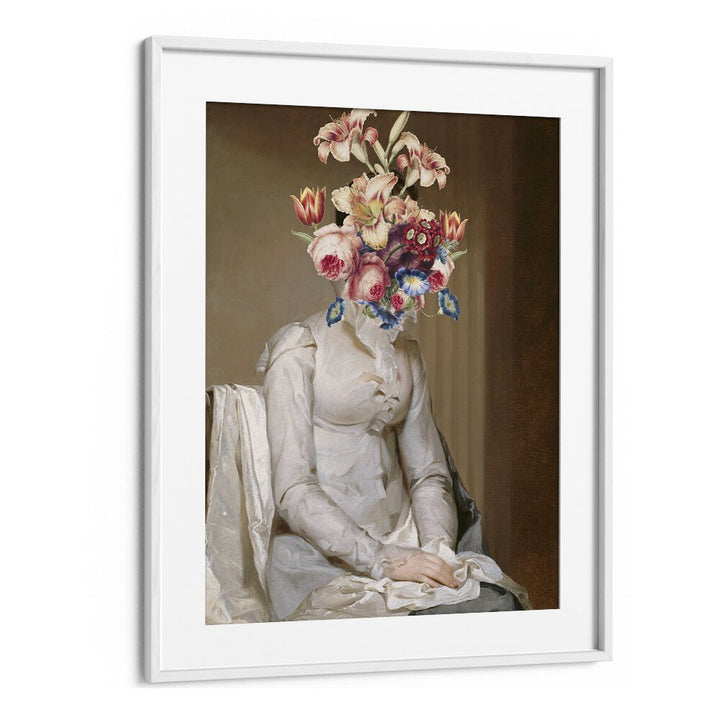 "MEET ME IN THE GARDEN, ALTERED ART PRINTS showcasing a unique floral headpiece in a framed artwork by The Art Concept."