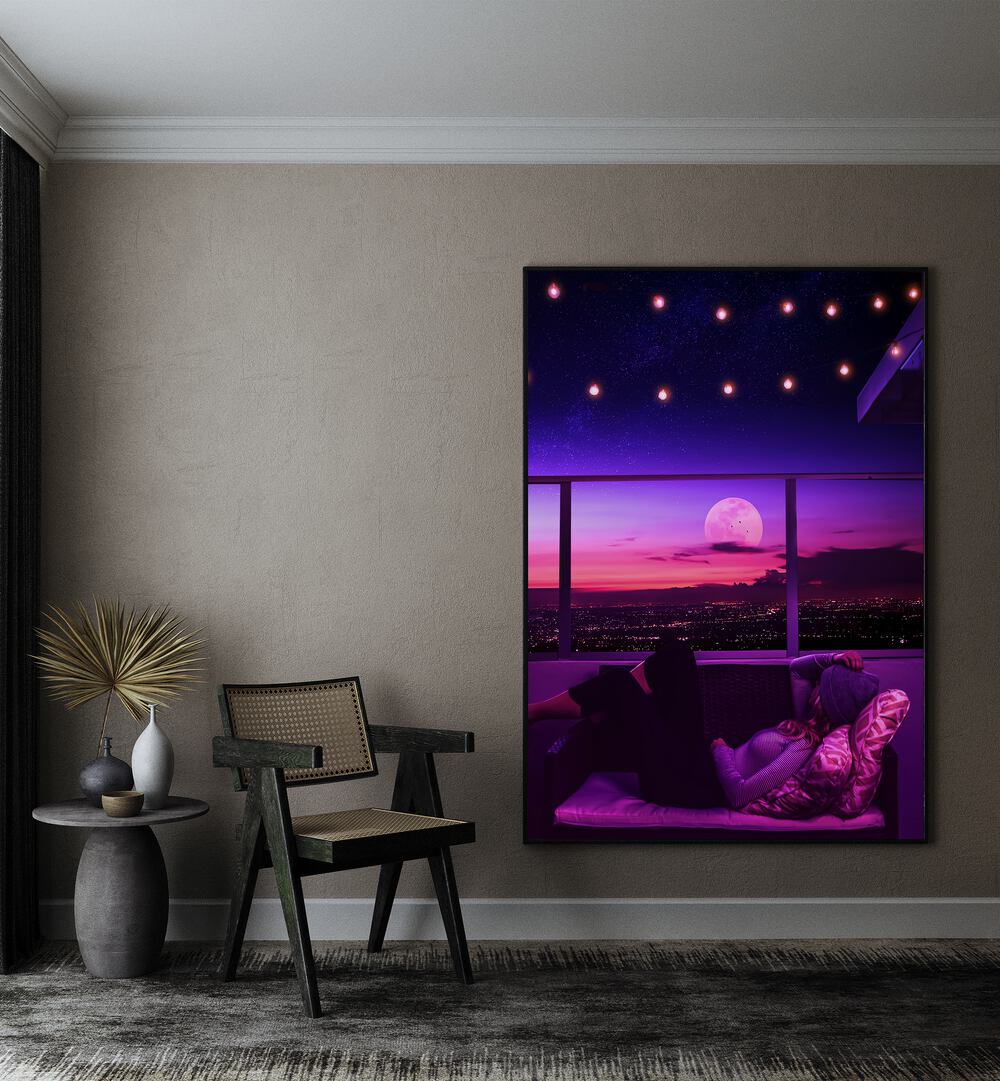 Transform your space with MELLOW OUT, SURREAL ART PRINTS by Ritvik Takkar, featuring a vibrant moonlit landscape.