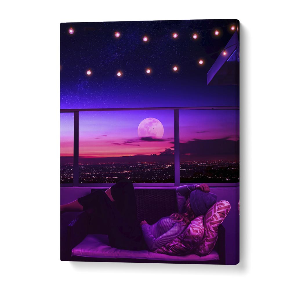 Cozy scene featuring a woman relaxing under stars with a vibrant moon, showcasing MELLOW OUT, SURREAL ART PRINTS by Ritvik Takkar.
