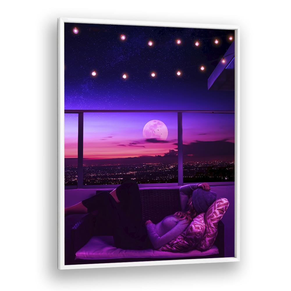 Relax in style with MELLOW OUT, SURREAL ART PRINTS by Ritvik Takkar, featuring dreamy sunset and moonlit views.