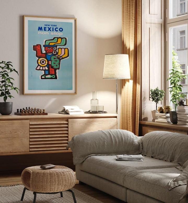 Mexico II Retro Vintage Travel Vintage Travel Posters in Oak Wood Frame With Mount on a wall above a console table beside a lamp