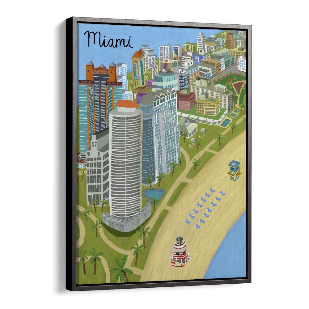 Vibrant MIAMI BEACH , TRAVEL POSTERS by Carla Daly, showcasing sun-soaked landscapes in a stylish black floater frame.