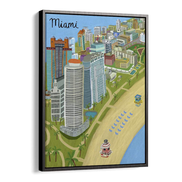 Vibrant MIAMI BEACH , TRAVEL POSTERS by Carla Daly, showcasing sun-soaked landscapes in a stylish black floater frame.