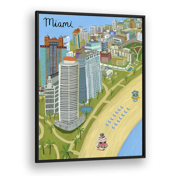 Vibrant MIAMI BEACH, TRAVEL POSTERS by Carla Daly, showcasing sun-soaked landscapes and lively cityscapes.