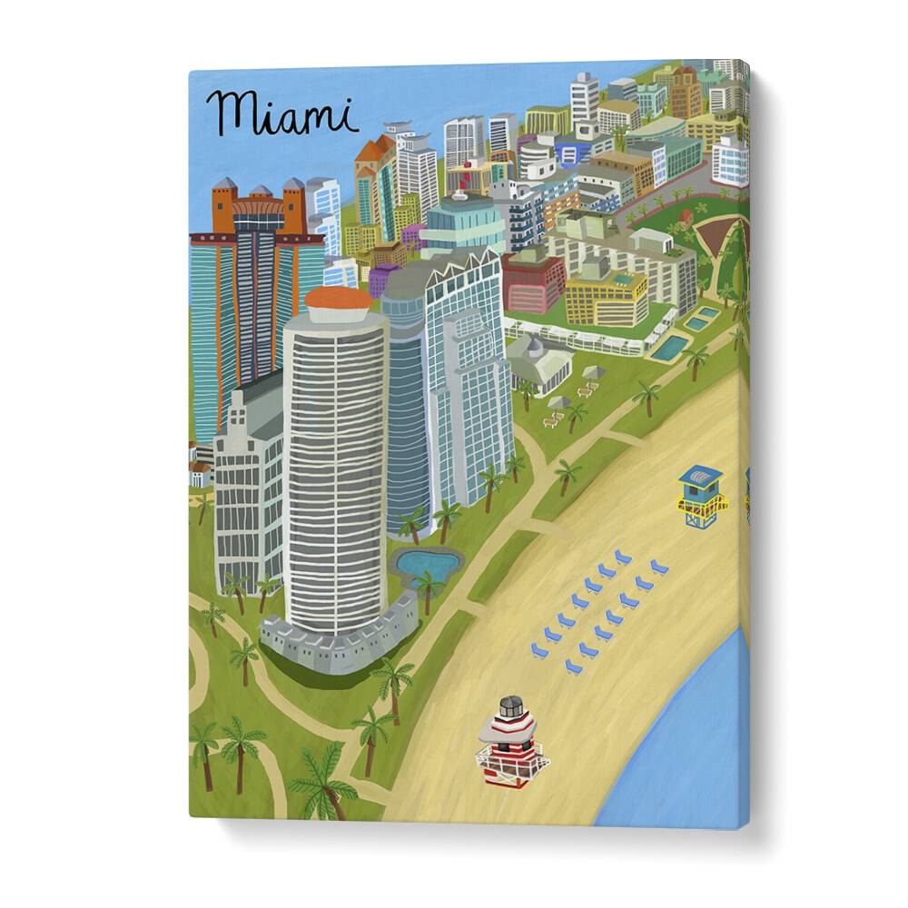 Vibrant MIAMI BEACH, TRAVEL POSTERS by Carla Daly, showcasing stunning coastal views and cityscapes.