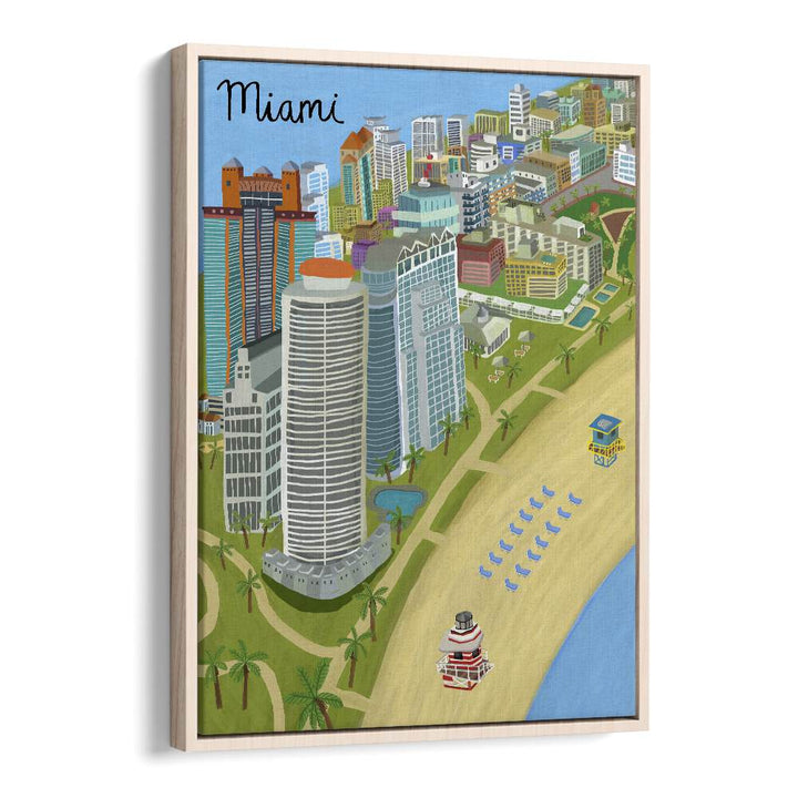Vibrant MIAMI BEACH, TRAVEL POSTERS by Carla Daly showcase sun-soaked landscapes in a stylish oak wood frame.