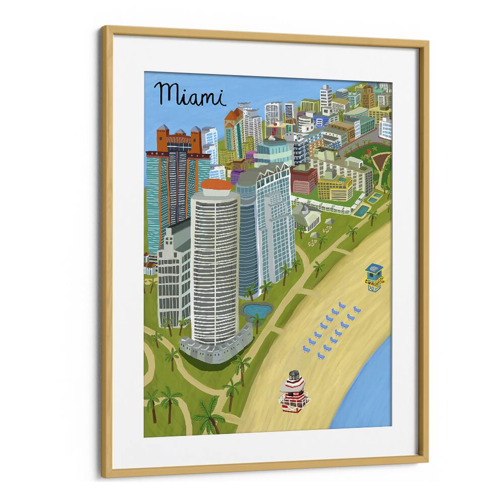 Vibrant MIAMI BEACH, TRAVEL POSTERS by Carla Daly in an oak frame, perfect for enhancing any space with coastal charm.