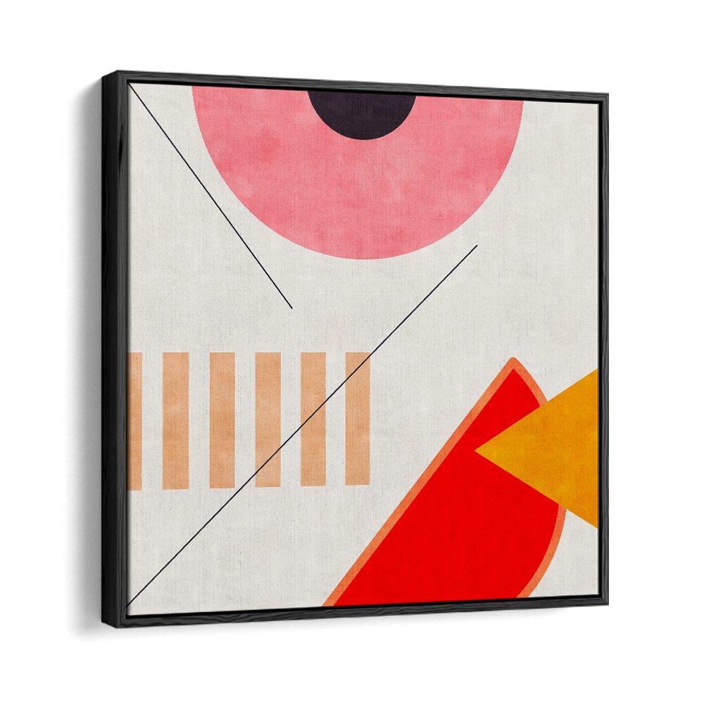 Colorful abstract composition of MID BAUHAUS GEOMETRY II, ABSTRACT PAINTINGS by Ana Rut Bre, framed elegantly.