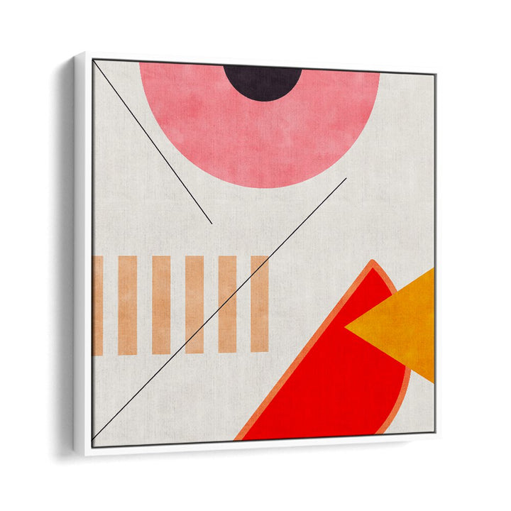 Mid Bauhaus Geometry II, abstract paintings by Ana Rut Bre, featuring vibrant shapes in a stylish floater frame.