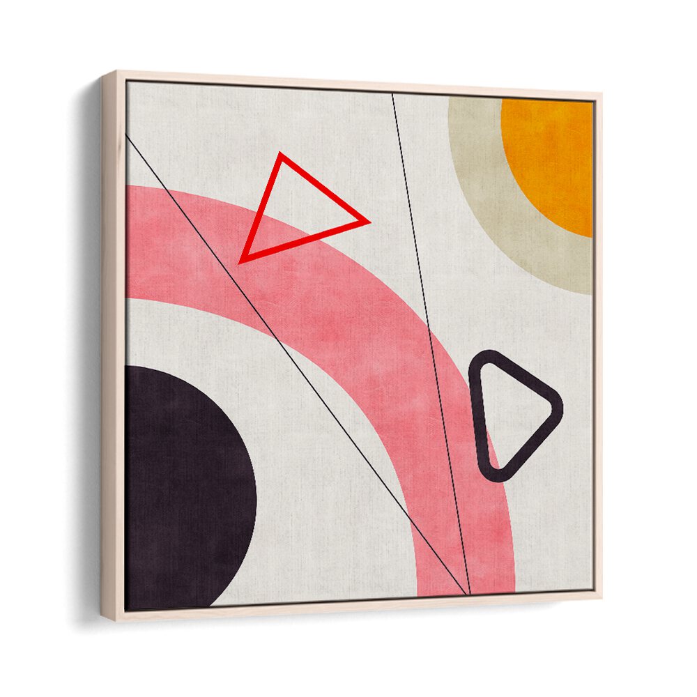 Mid Bauhaus Geometry V, abstract paintings featuring vibrant shapes in a sleek oak frame, perfect for modern decor.