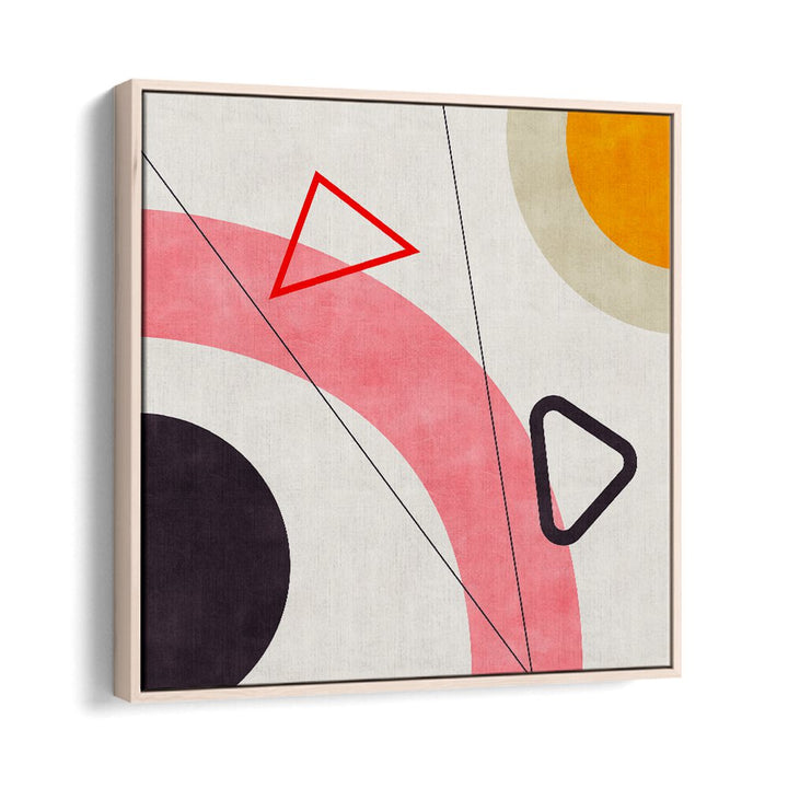 Mid Bauhaus Geometry V, abstract paintings featuring vibrant shapes in a sleek oak frame, perfect for modern decor.