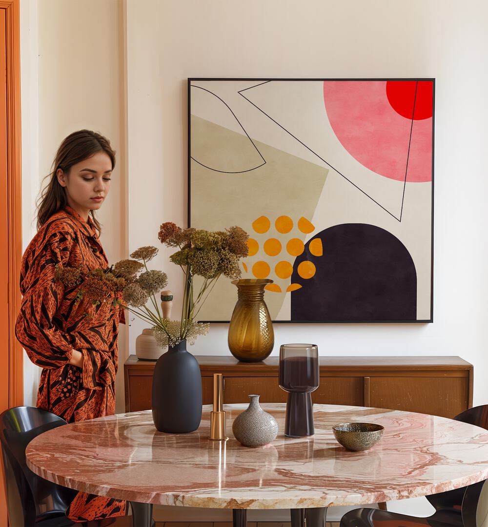 Stylish interior featuring MID BAUHAUS GEOMETRY VIII KOPIE, ABSTRACT PAINTINGS by Ana Rut Bre on the wall.