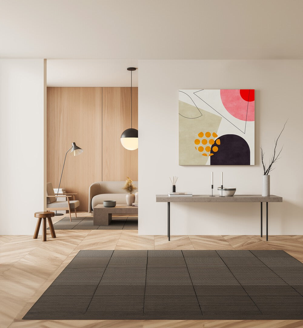 Stylish interior featuring MID BAUHAUS GEOMETRY VIII KOPIE, ABSTRACT PAINTINGS by Ana Rut Bre on display.
