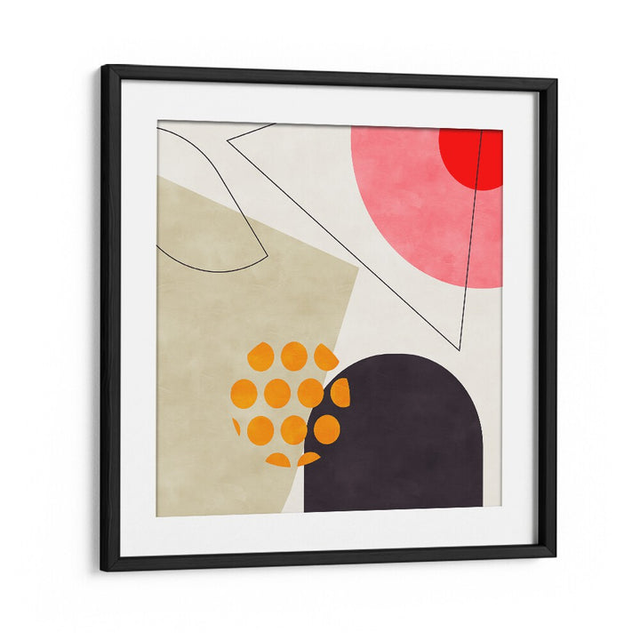 Mid Bauhaus Geometry VIII Kopie, abstract paintings featuring vibrant shapes by Ana Rut Bre in a stylish black frame.