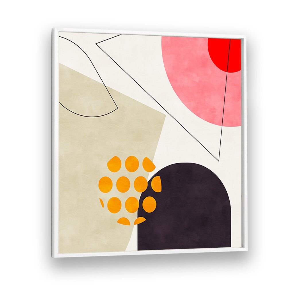 Mid Bauhaus Geometry VIII Kopie, abstract paintings by Ana Rut Bre, feature vibrant shapes in a white frame.