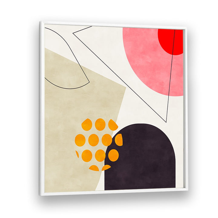 Mid Bauhaus Geometry VIII Kopie, abstract paintings by Ana Rut Bre, feature vibrant shapes in a white frame.