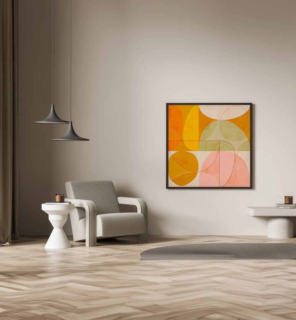 Stylish CURRY YELLOW BLUSH SPRING II, ABSTRACT PAINTINGS by Ana Rut Bre elevates modern interiors with vibrant colors.