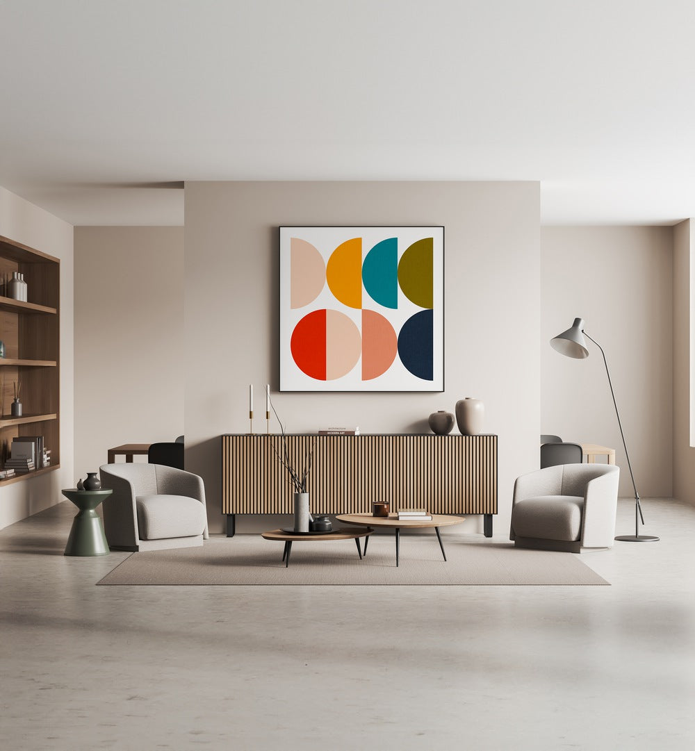 Mid-century living room featuring GEOMETRIC COLOR PLAY, GEOMETRIC ART PRINTS by Ana Rut Bre for a stylish decor statement.