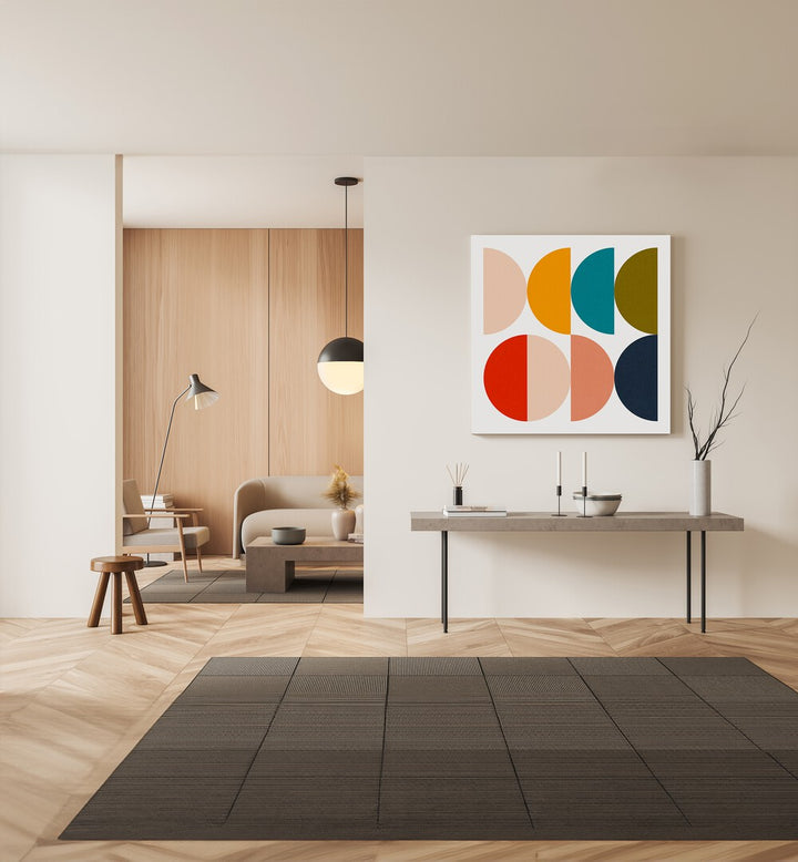 Mid-century living space featuring GEOMETRIC COLOR PLAY, GEOMETRIC ART PRINTS by Ana Rut Bre for stylish decor.