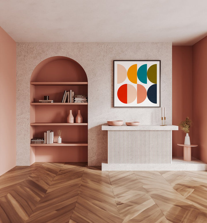 Mid-century GEOMETRIC COLOR PLAY art print adds sophistication to any space with vibrant shapes and colors.