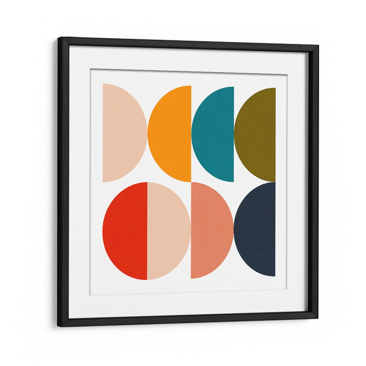Mid-century GEOMETRIC COLOR PLAY art print by Ana Rut Bre, showcasing vibrant shapes in a sleek black frame.