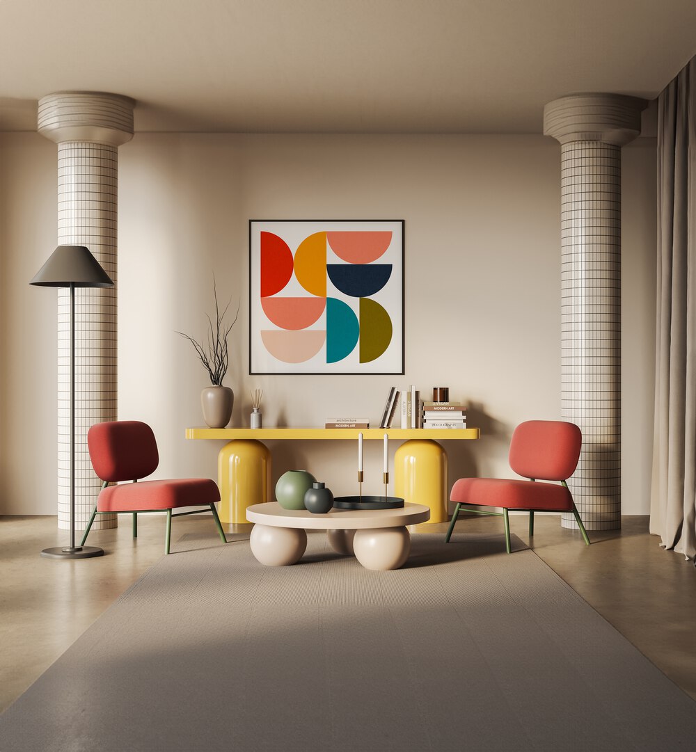 Mid-century GEOMETRIC COLOR PLAY IV art print enhances modern interiors with vibrant shapes and colors. Perfect for decor!