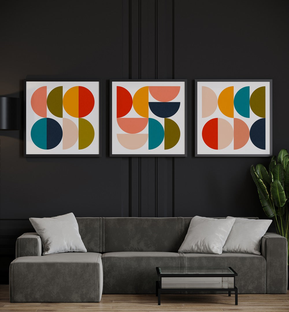 Transform your space with MID - CENTURY GEOMETRICAL COLOUR PLAY, SET OF 3 PAINTINGS, showcasing vibrant colors and shapes.