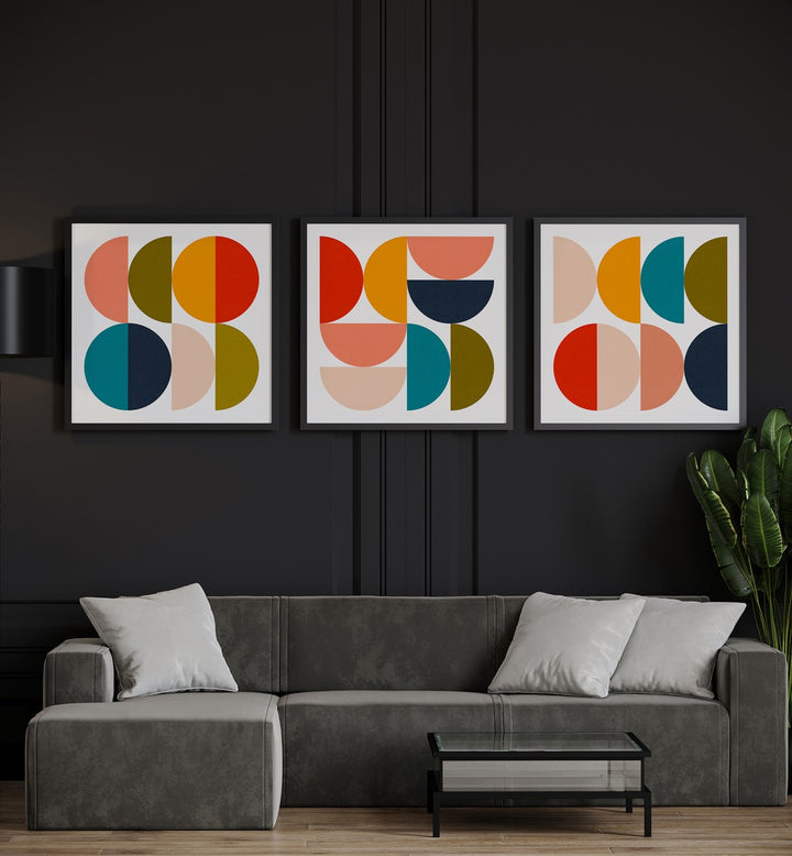 Transform your space with MID - CENTURY GEOMETRICAL COLOUR PLAY, SET OF 3 PAINTINGS, showcasing vibrant colors and shapes.