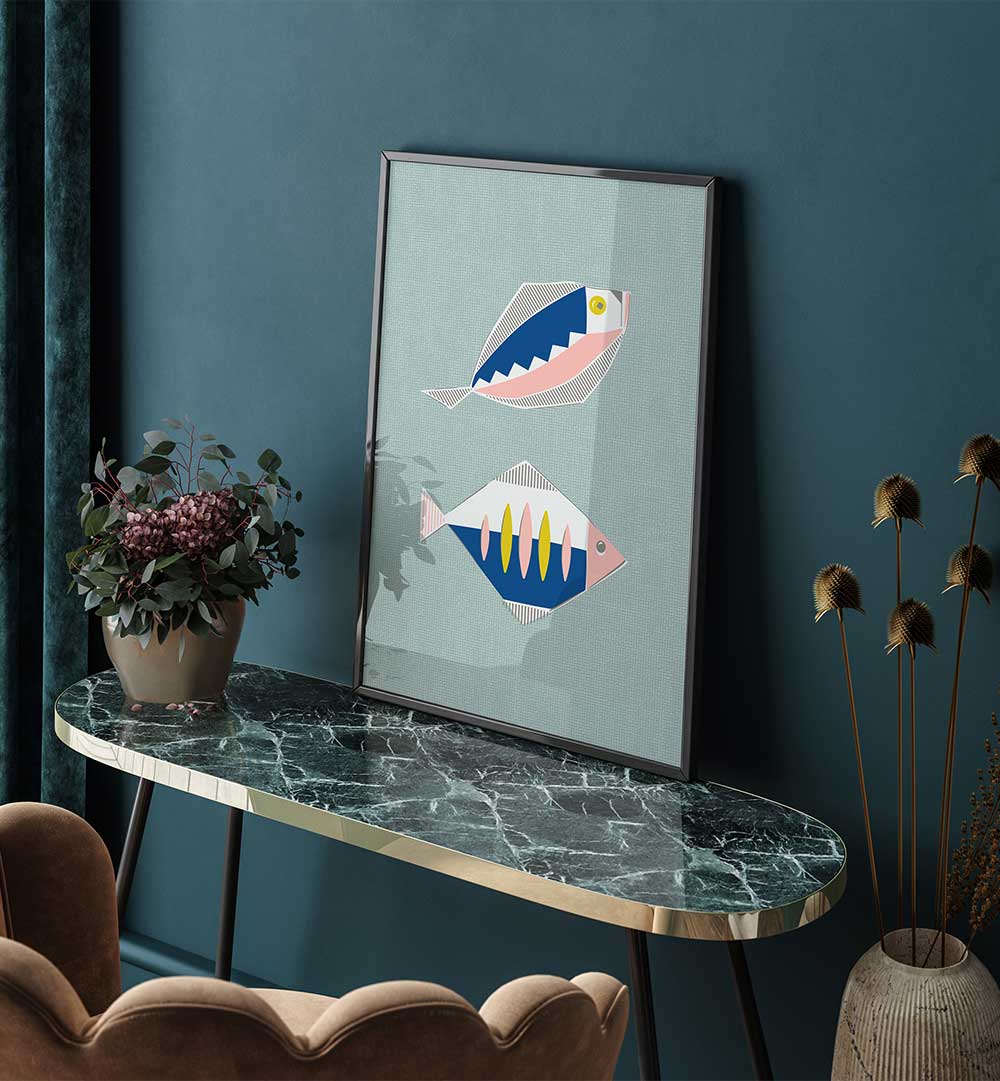 MID CENTURY KITCHEN FISHES MINT II , KITCHEN POSTERS