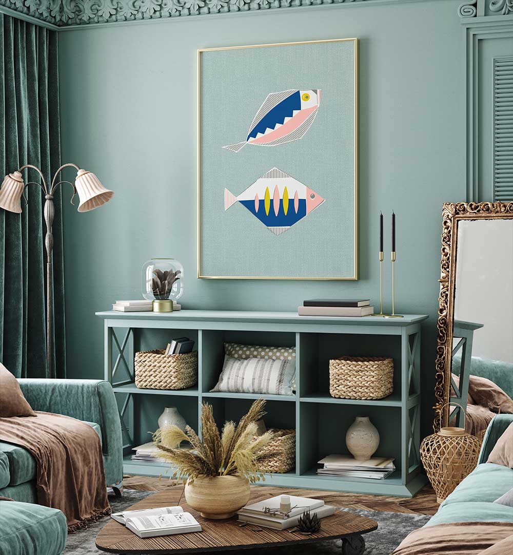 MID CENTURY KITCHEN FISHES MINT II , KITCHEN POSTERS