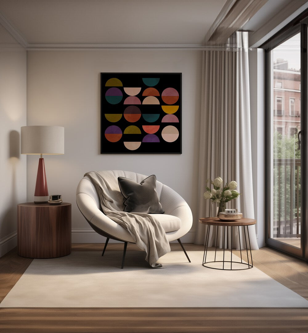 Elegant living room featuring MID CIRCLES TERRACOTTA BLACK I, ABSTRACT PAINTINGS by Ana Rut Bre, enhancing modern decor.
