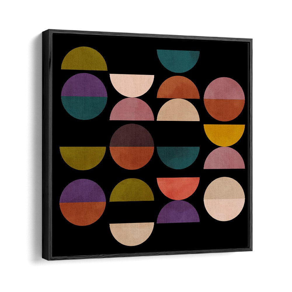 Colorful geometric shapes in black frame, showcasing MID CIRCLES TERRACOTTA BLACK I, ABSTRACT PAINTINGS by Ana Rut Bre.