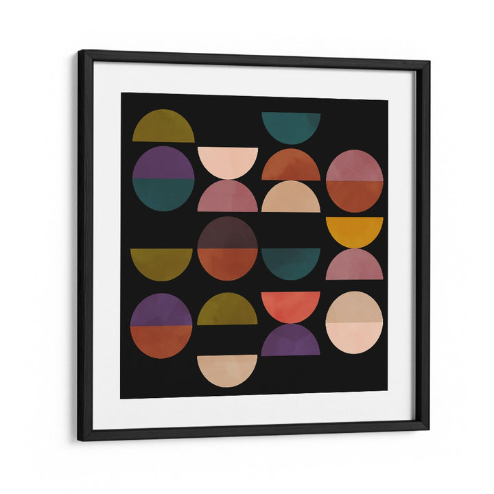 Mid Circles Terracotta Black I, abstract paintings by Ana Rut Bre, showcasing vibrant shapes in a modern black frame.