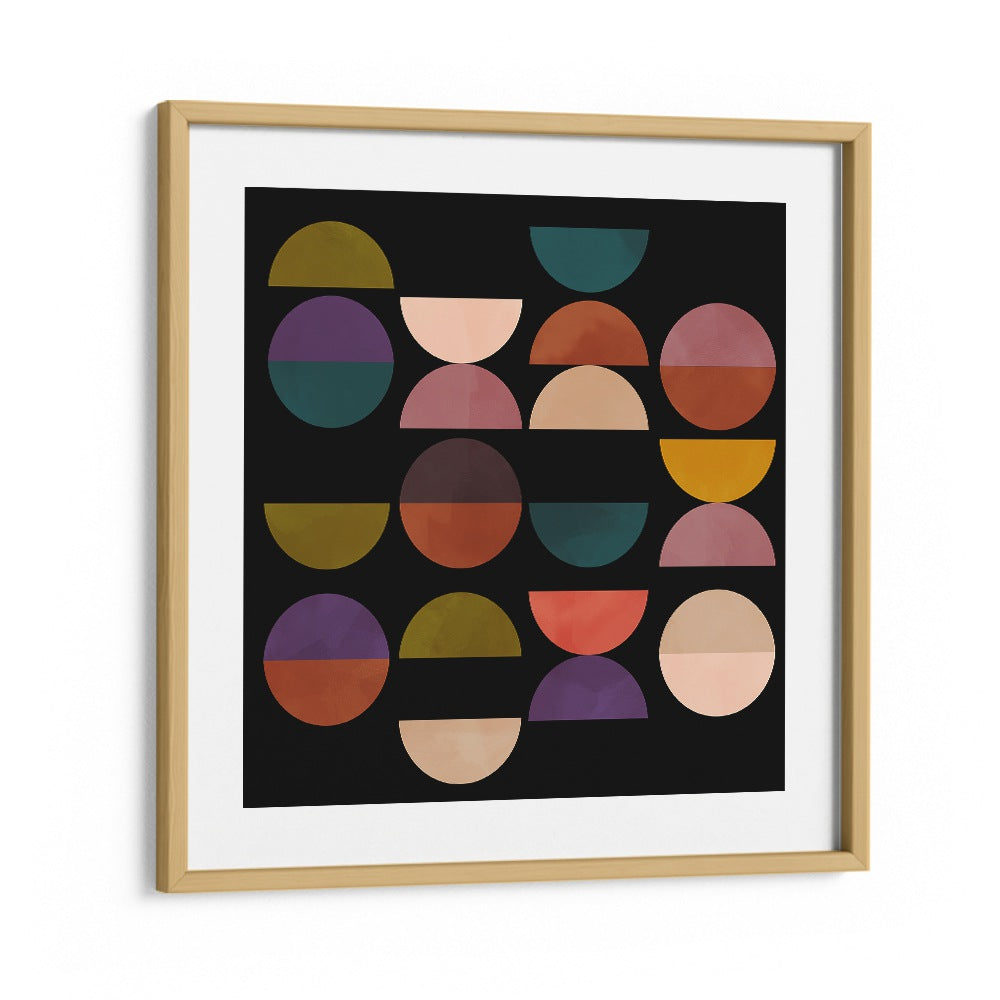 MID CIRCLES TERRACOTTA BLACK I, ABSTRACT PAINTINGS by Ana Rut Bre features vibrant shapes in a modern oak frame.