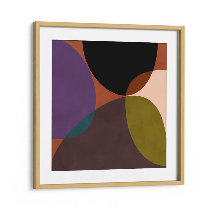 CIRCLES TERRACOTTA BLACK II, ABSTRACT PAINTINGS by Ana Rut Bre features bold colors and dynamic shapes in an oak frame.