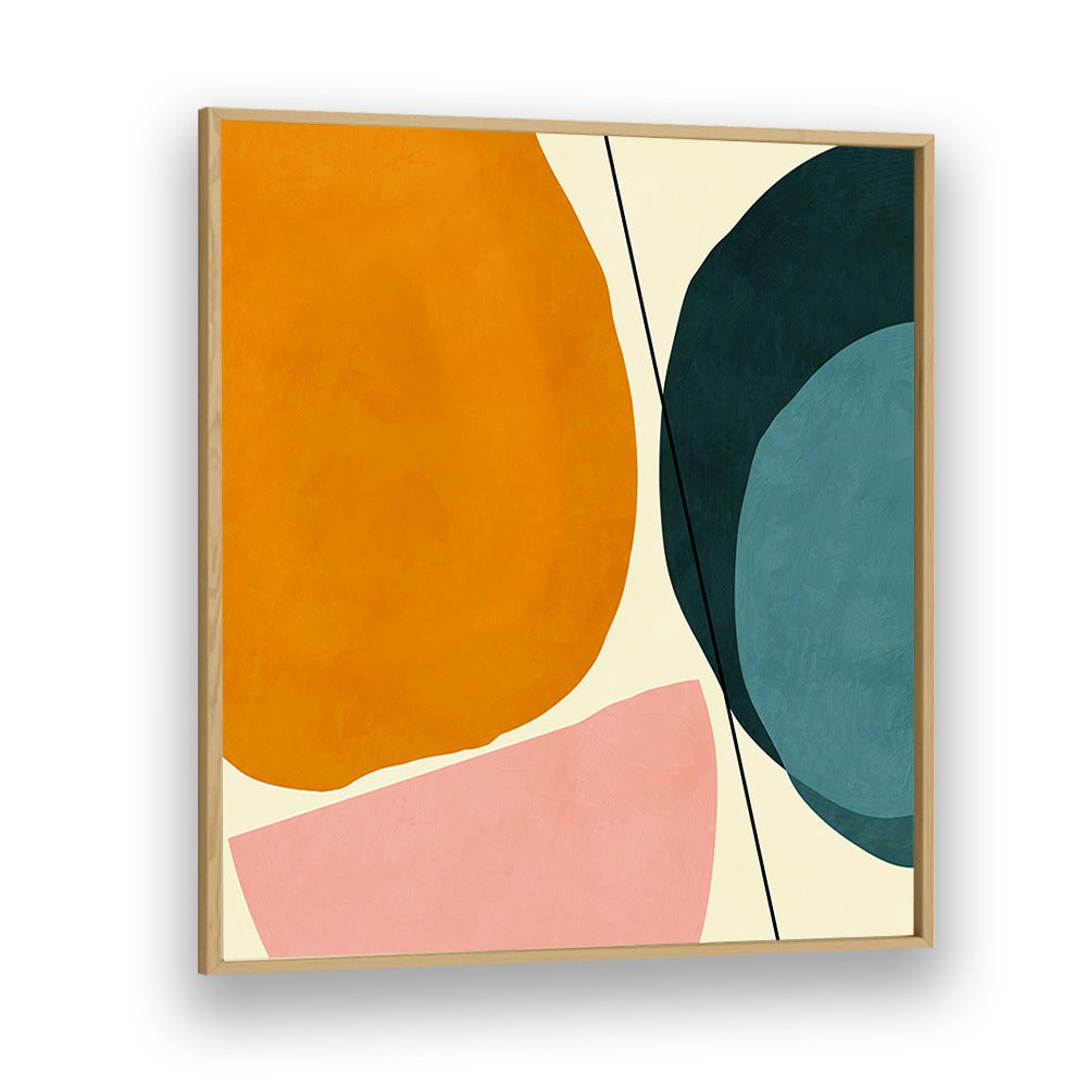 Colorful shapes in "MID PAINTED KOPIE I, ABSTRACT PAINTINGS" by Ana Rut Bre, framed in oak for a modern touch.