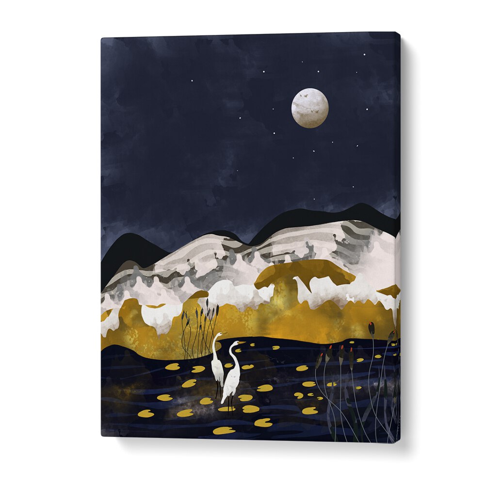 Stunning MIDNIIGHT LAKE landscape painting by Uma Gokhale, featuring serene waters and a moonlit sky.