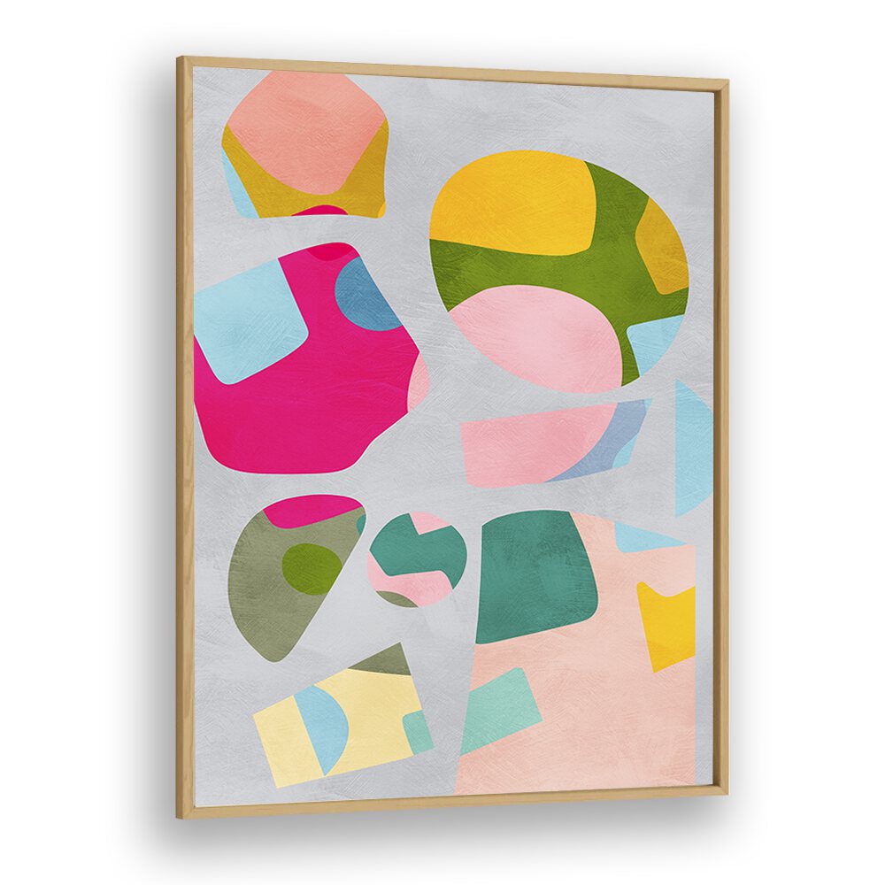 Bright and vibrant MINIMAL CUTOUT COLORFUL, ABSTRACT PAINTINGS by Ana Rut Bre in an elegant oak frame. Transform your space!