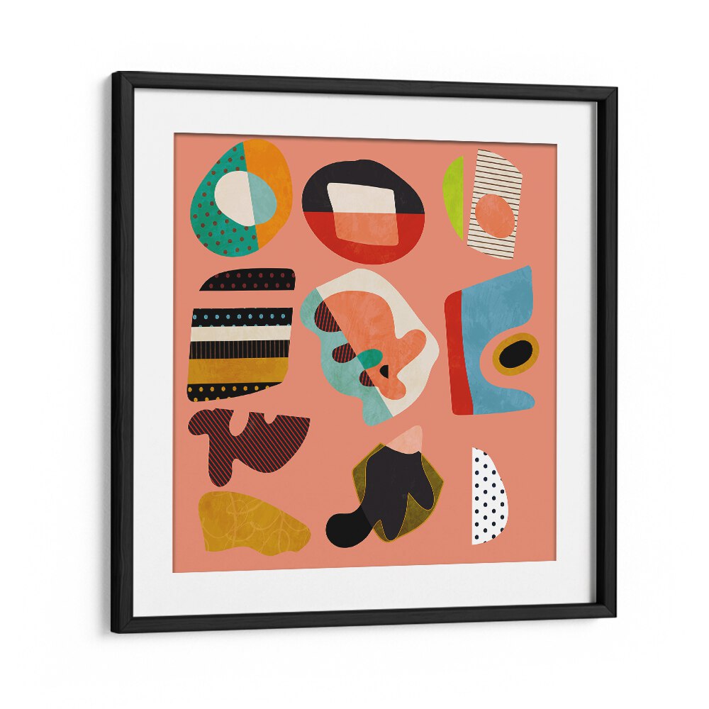 Minimal Shapes Bunte II, abstract paintings by Ana Rut Bre, showcase vibrant colors and unique forms in a black frame.