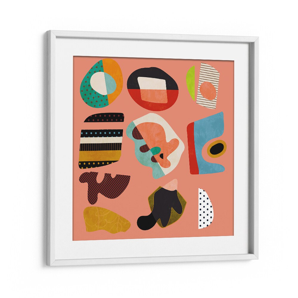 Colorful geometric design in a white frame, featuring "MINIMAL SHAPES BUNTE II, ABSTRACT PAINTINGS" for modern decor.