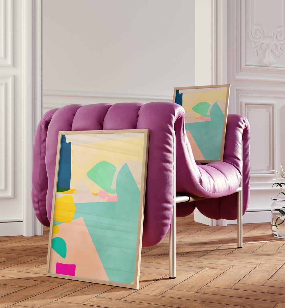 Colorful MINIMAL SHAPES, ABSTRACT PAINTINGS by Ana Rut Bre displayed elegantly in a modern interior setting.
