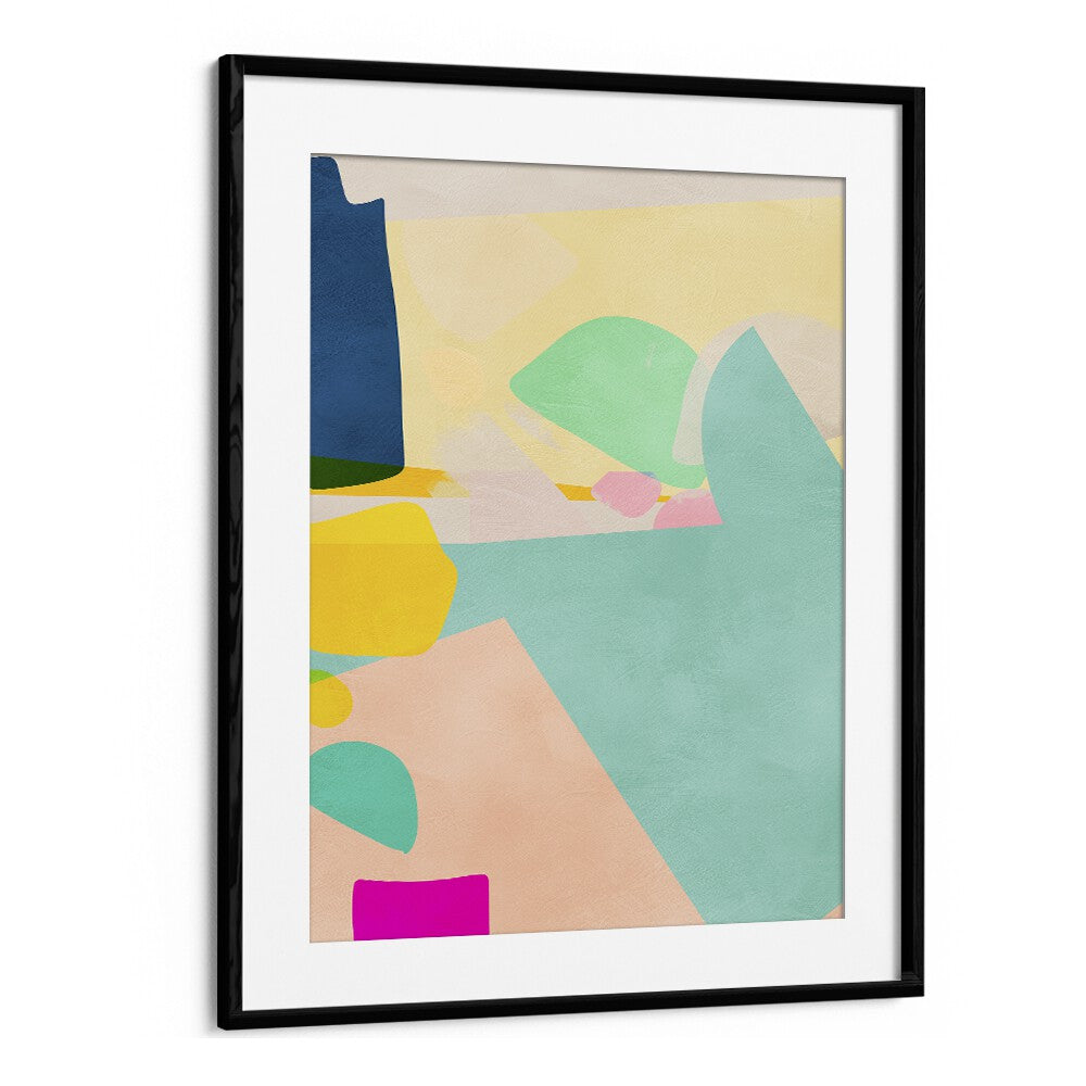 Explore MINIMAL SHAPES, ABSTRACT PAINTINGS by Ana Rut Bre, showcasing vibrant colors in a modern black frame.