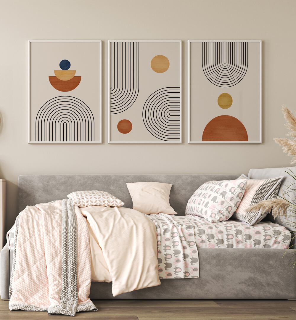 Elevate your decor with MINIMALISM BOHO ARTS, SET OF 3 PAINTINGS, perfect for a modern bohemian aesthetic.