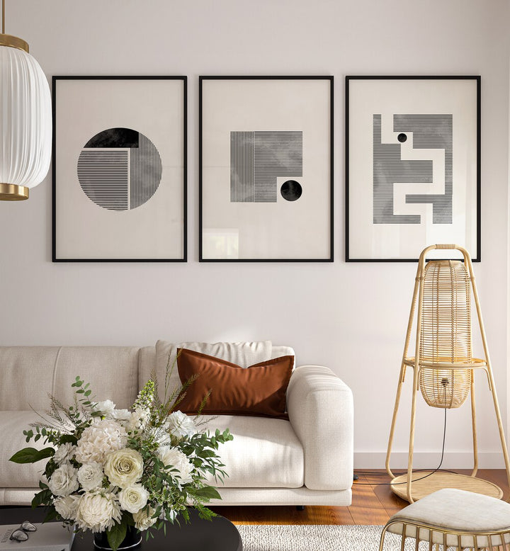 Add sophistication to your decor with the MINIMALIST MAZE SET, SET OF 3 PAINTINGS, perfect for modern living spaces.
