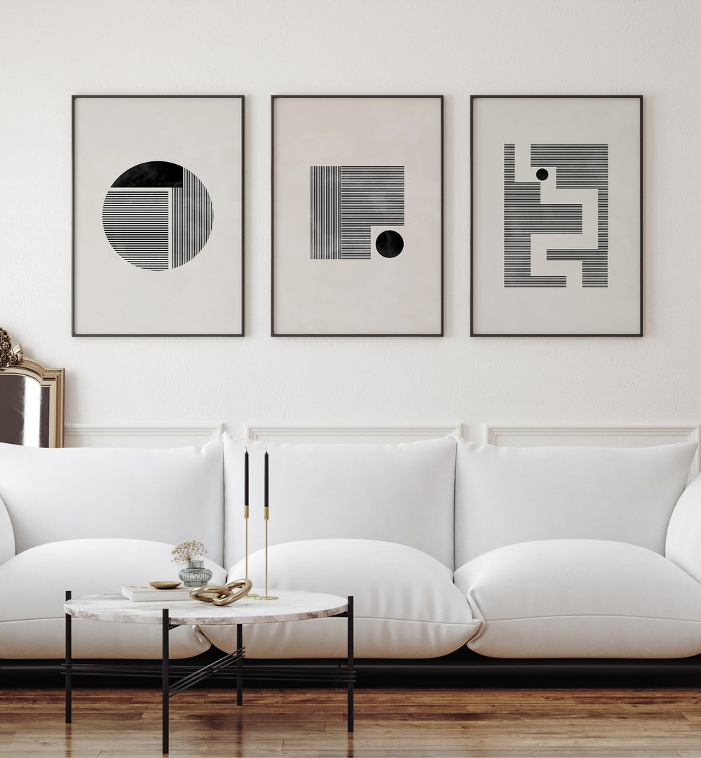 Elevate your decor with the MINIMALIST MAZE SET, SET OF 3 PAINTINGS, showcasing modern elegance and unique designs.
