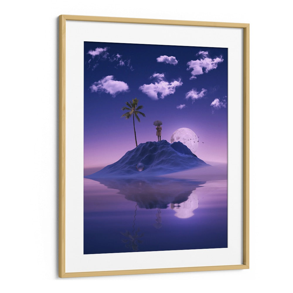 Surreal art prints titled "MIRRORING" by Ritvik Takkar showcasing a dreamy island scene with reflections.
