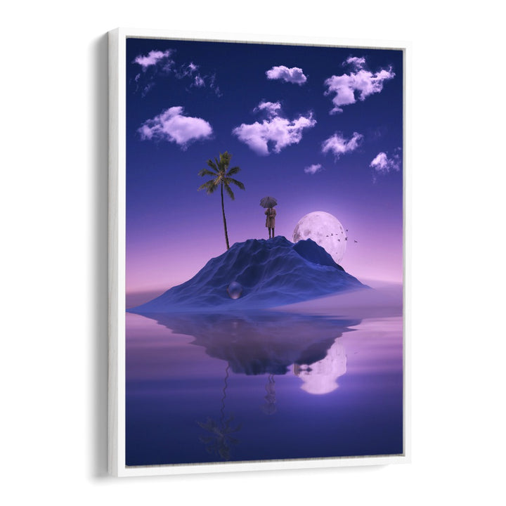 "Shop MIRRORING, SURREAL ART PRINTS by Ritvik Takkar, featuring a dreamy landscape with moonlit reflections."