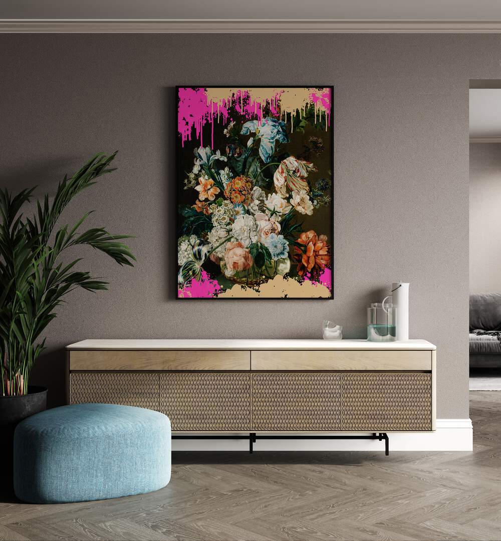 Vibrant MODERN COMPOSITION, ALTERED ART PRINTS enhancing a stylish living room with floral art by The Art Concept.