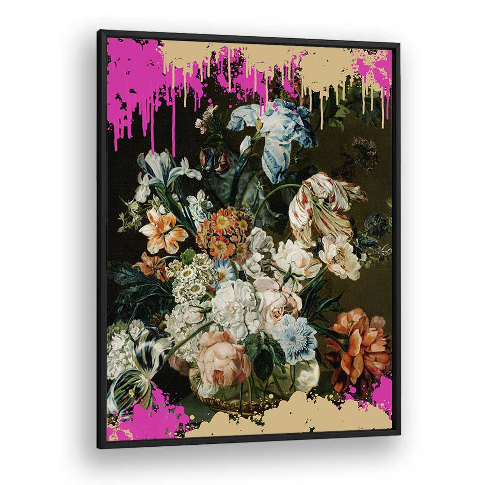 Floral artwork in vibrant colors framed in black, showcasing MODERN COMPOSITION, ALTERED ART PRINTS by The Art Concept.